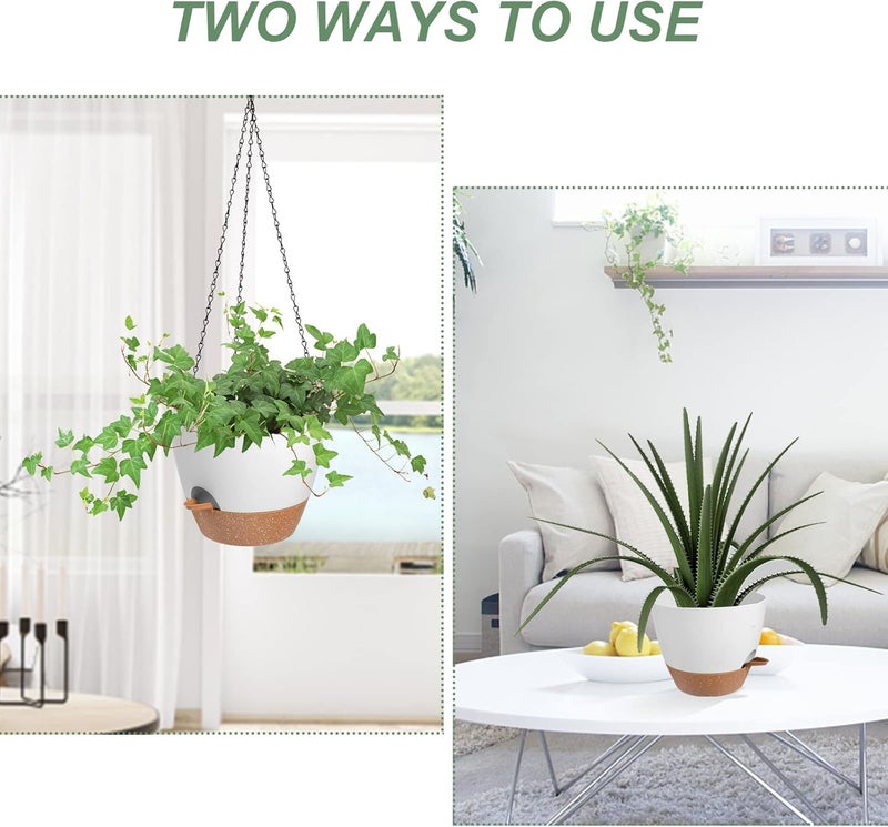 Vanslogreen Hanging Planters for Indoor Outdoor Plants, 2 Pack Self Watering Hanging Pot with Drainage Holes & Removable Tray (White, 10'') - Image 5